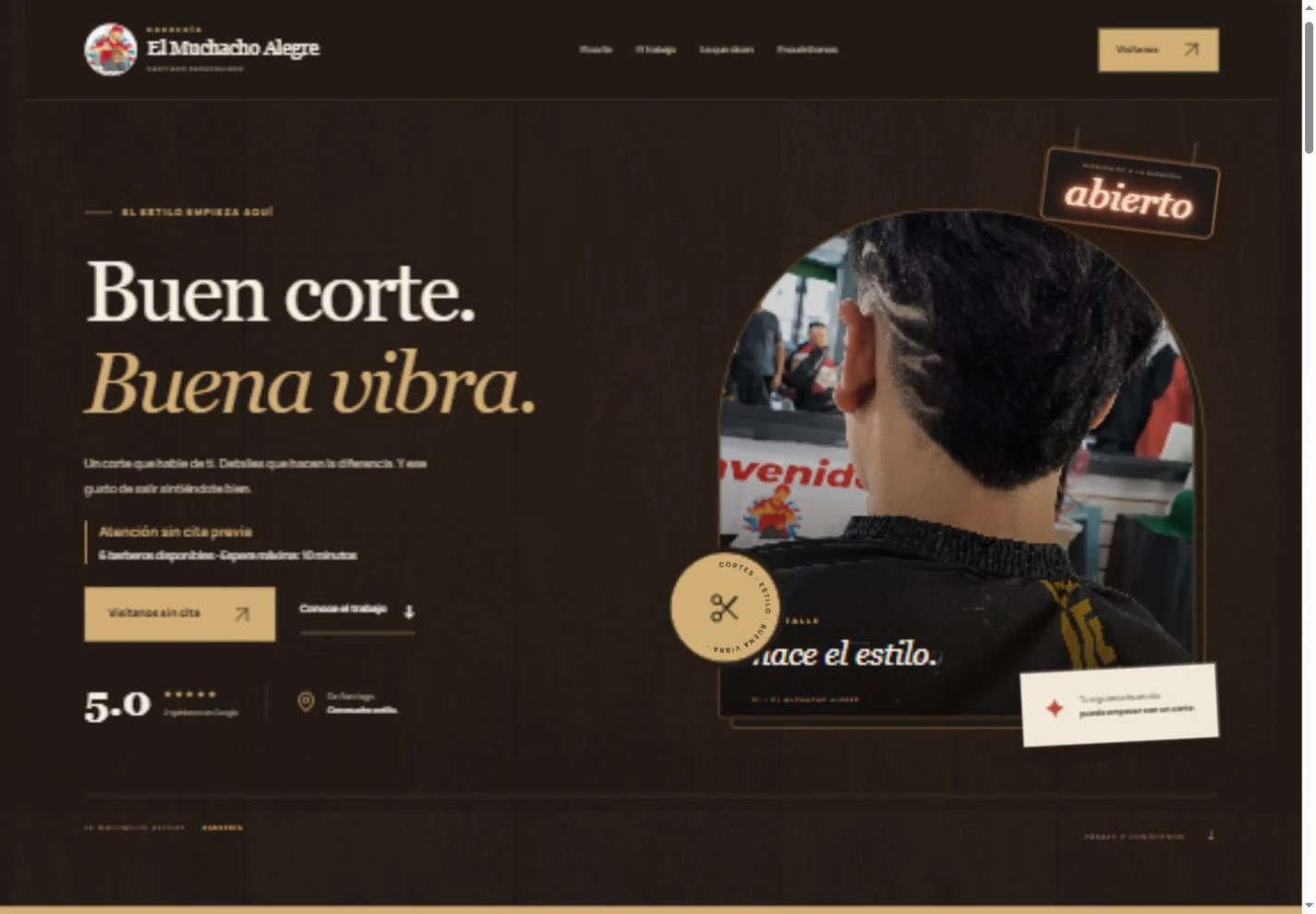 Captura de la página que desarrollamos para Barbería El Muchacho Alegre, con textura de madera y letrero de neón abierto